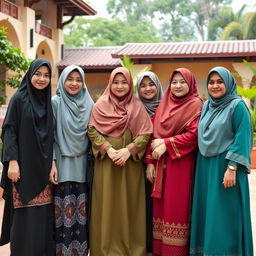 A group of Muslim women wearing traditional attire, including hijabs and abayas, standing together in a supportive and friendly atmosphere