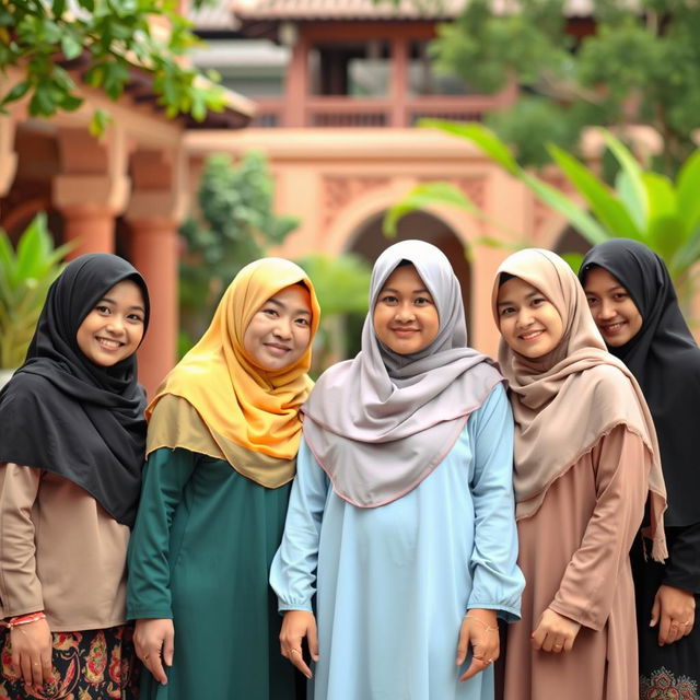 A group of Muslim women wearing traditional attire, including hijabs and abayas, standing together in a supportive and friendly atmosphere