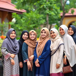 A group of Muslim women wearing traditional attire, including hijabs and abayas, standing together in a supportive and friendly atmosphere