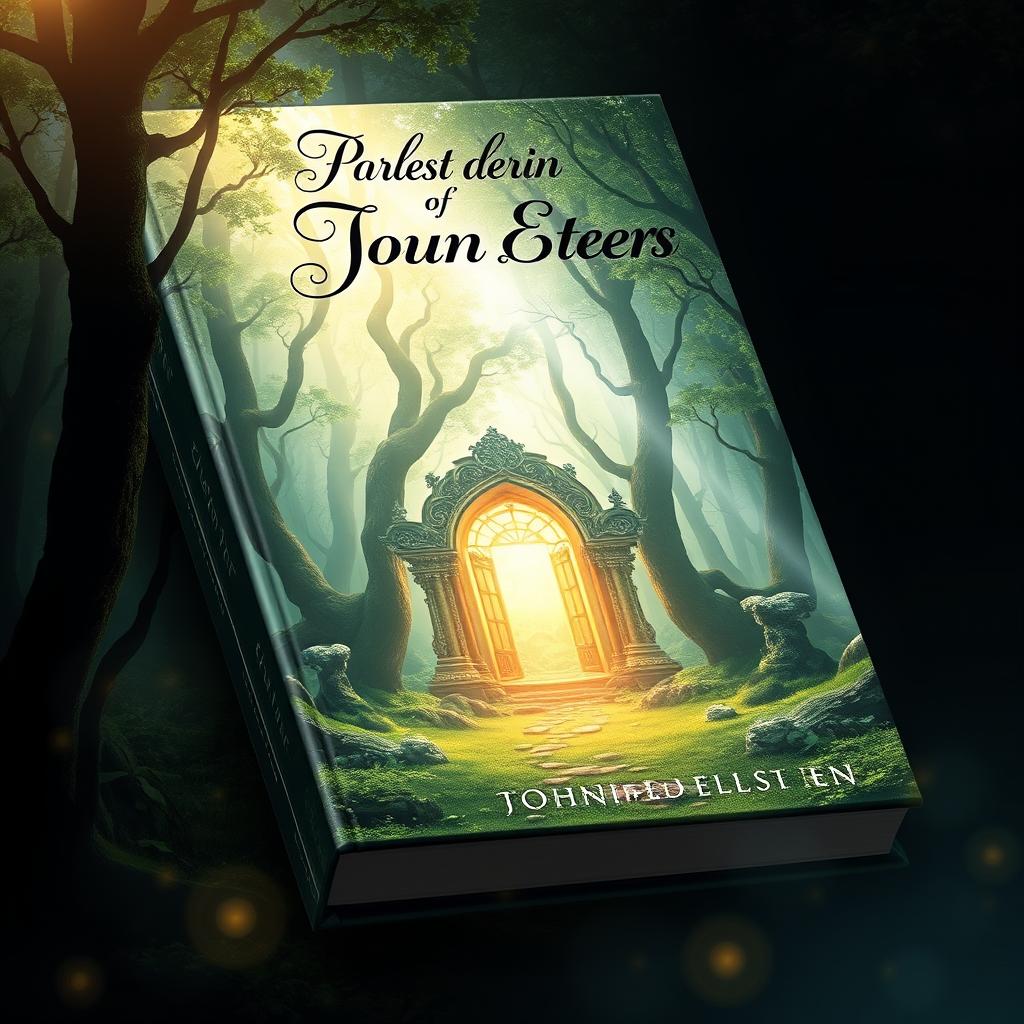 A captivating book cover design featuring an enchanted forest with a mysterious glowing portal at its center