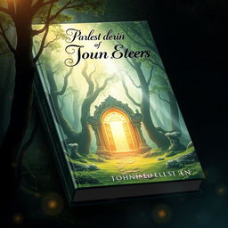 A captivating book cover design featuring an enchanted forest with a mysterious glowing portal at its center