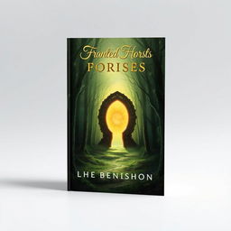 A captivating book cover design featuring an enchanted forest with a mysterious glowing portal at its center