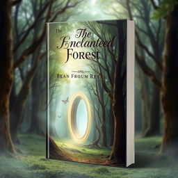 A captivating book cover design featuring an enchanted forest with a mysterious glowing portal at its center