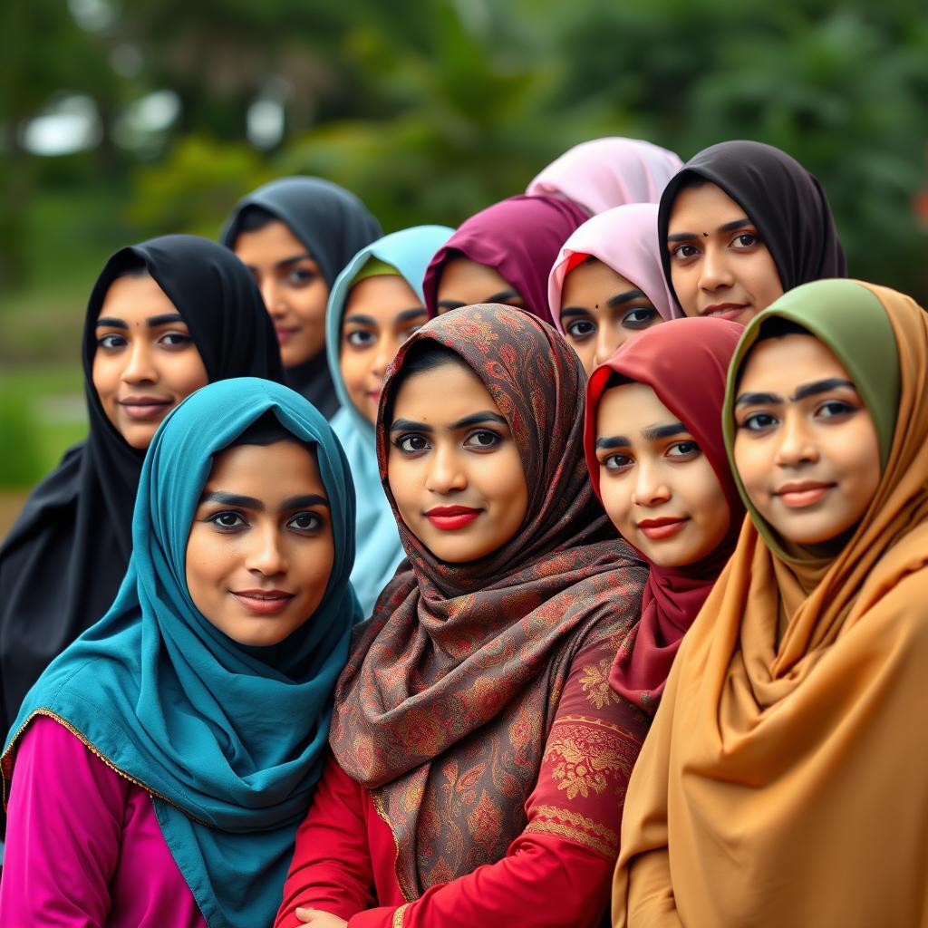 A beautiful and respectful portrayal of Muslim women wearing traditional hijabs, showcasing their diverse cultural backgrounds and unity