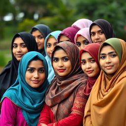 A beautiful and respectful portrayal of Muslim women wearing traditional hijabs, showcasing their diverse cultural backgrounds and unity