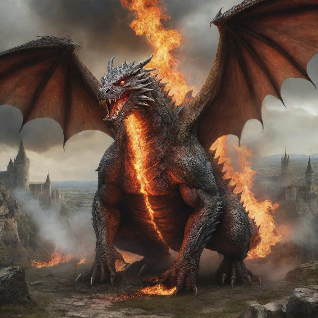 A massive, obese dragon with grotesque features, causing chaos in a medieval landscape with its fiery breath.