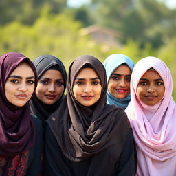 A beautiful and respectful portrayal of Muslim women wearing traditional hijabs, showcasing their diverse cultural backgrounds and unity