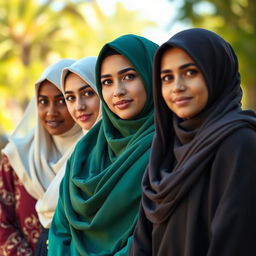 A beautiful and respectful portrayal of Muslim women wearing traditional hijabs, showcasing their diverse cultural backgrounds and unity