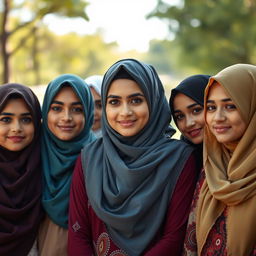 A beautiful and respectful portrayal of Muslim women wearing traditional hijabs, showcasing their diverse cultural backgrounds and unity