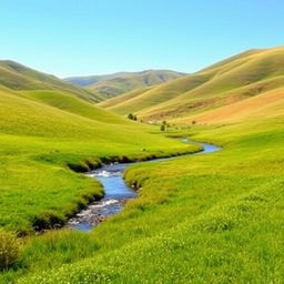 A serene landscape featuring rolling hills, a clear blue sky, and a gentle river flowing through a lush green meadow