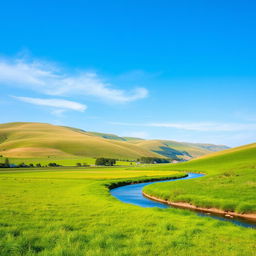 A serene landscape featuring rolling hills, a clear blue sky, and a gentle river flowing through a lush green meadow