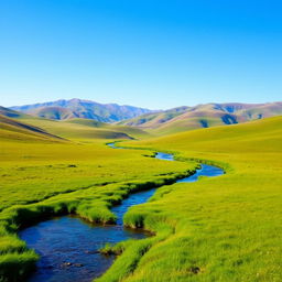 A serene landscape featuring rolling hills, a clear blue sky, and a gentle river flowing through a lush green meadow