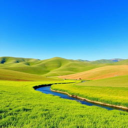 A serene landscape featuring rolling hills, a clear blue sky, and a gentle river flowing through a lush green meadow