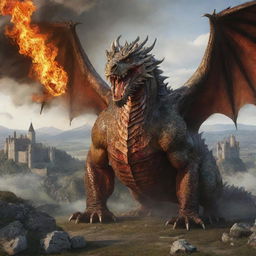 A massive, obese dragon with grotesque features, causing chaos in a medieval landscape with its fiery breath.