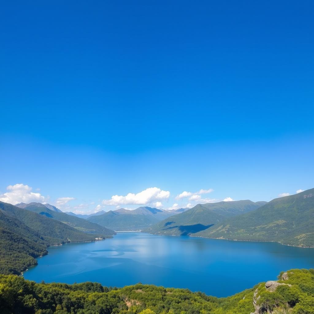 A beautiful landscape featuring a serene lake surrounded by lush green mountains under a clear blue sky with a few fluffy white clouds