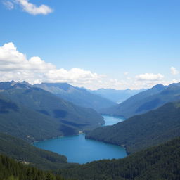 A beautiful landscape featuring a serene lake surrounded by lush green mountains under a clear blue sky with a few fluffy white clouds