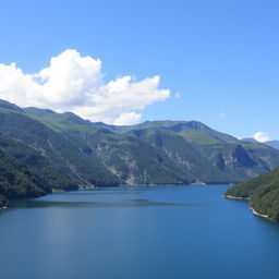 A beautiful landscape featuring a serene lake surrounded by lush green mountains under a clear blue sky with a few fluffy white clouds