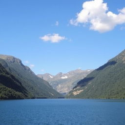 A beautiful landscape featuring a serene lake surrounded by lush green mountains under a clear blue sky with a few fluffy white clouds