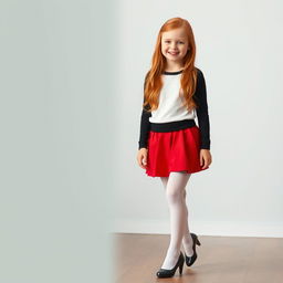 A young Finnish girl with red hair, wearing white pantyhose, a red very short skirt, and black high heels