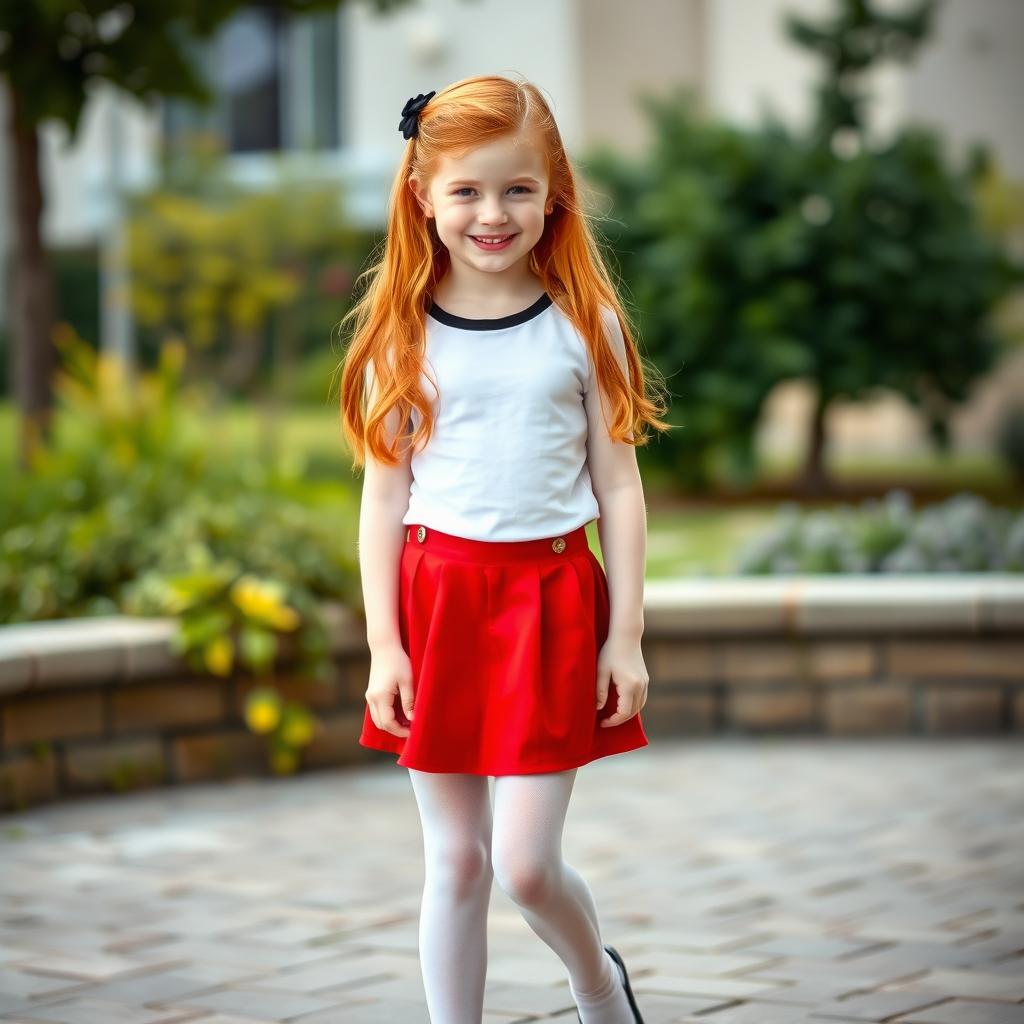 A young Finnish girl with red hair, wearing white pantyhose, a red very short skirt, and black high heels