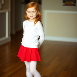 A young Finnish girl with red hair, wearing white pantyhose, a red very short skirt, and black high heels