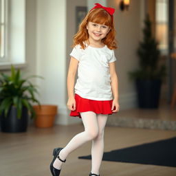 A young Finnish girl with red hair, wearing white pantyhose, a red very short skirt, and black high heels