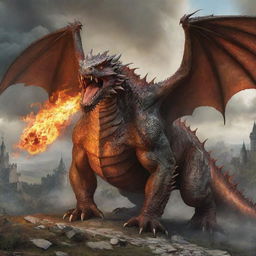 A massive, obese dragon with grotesque features, causing chaos in a medieval landscape with its fiery breath.