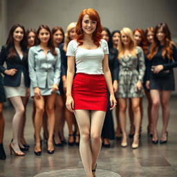 A young woman with red hair, wearing white pantyhose, a very short red skirt, and black high heels