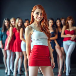 A young woman with red hair, wearing white pantyhose, a very short red skirt, and black high heels