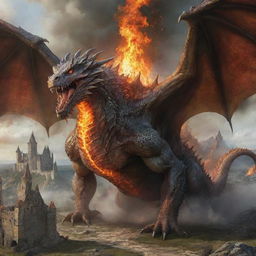 A massive, obese dragon with grotesque features, causing chaos in a medieval landscape with its fiery breath.