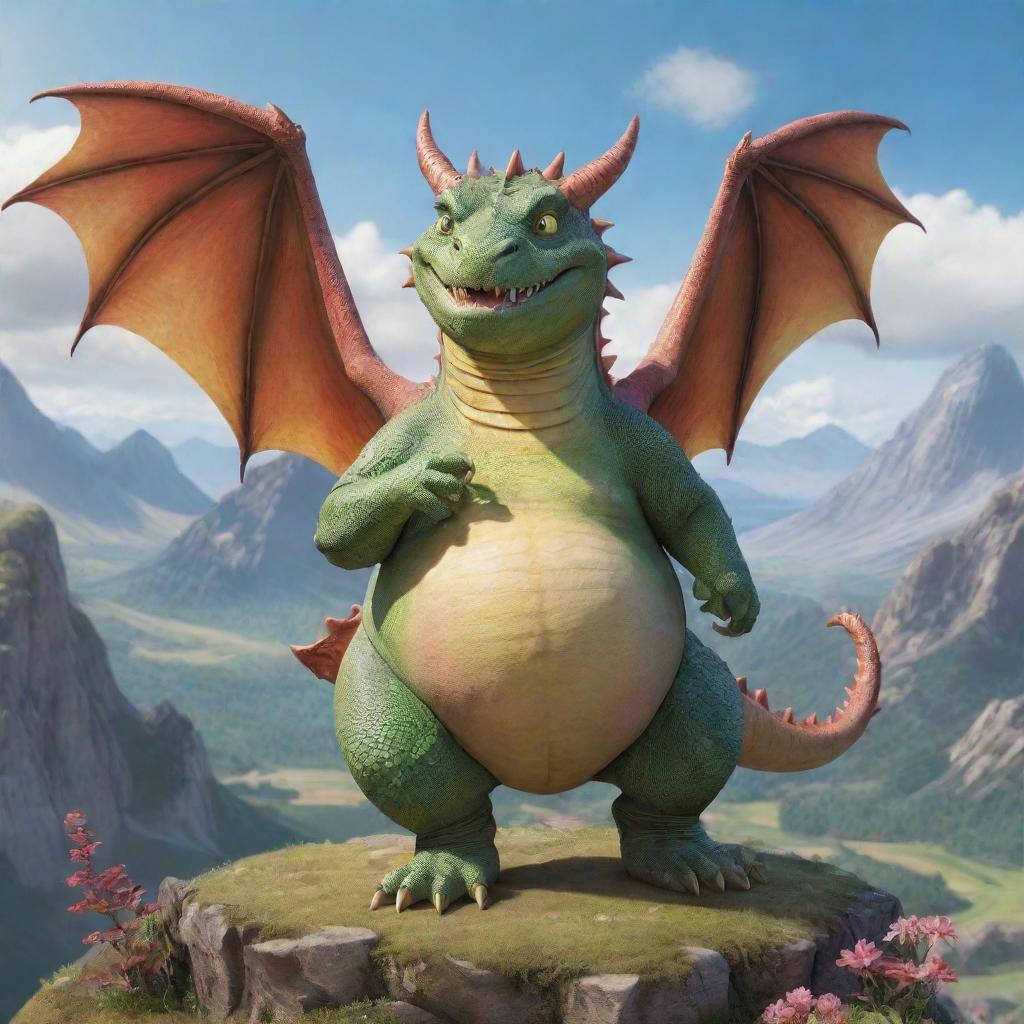 An extremely obese dragon with disproportionately small wings, humorously attempting to fly in a bright, whimsical landscape.