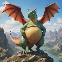 An extremely obese dragon with disproportionately small wings, humorously attempting to fly in a bright, whimsical landscape.