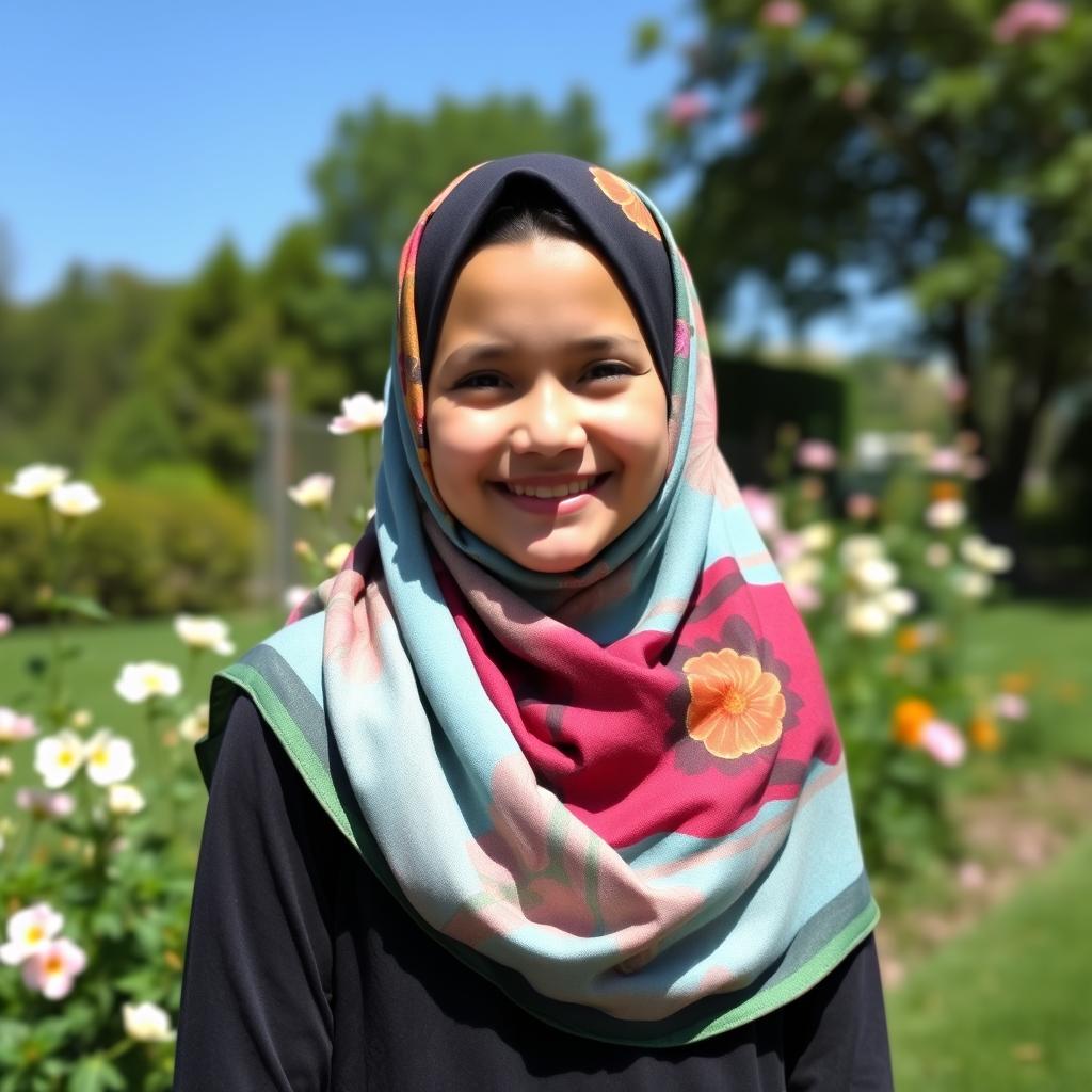 A beautiful Muslim girl wearing a colorful hijab, smiling warmly