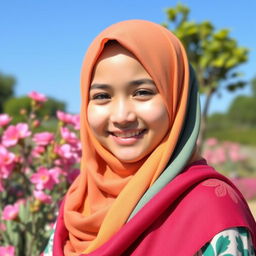 A beautiful Muslim girl wearing a colorful hijab, smiling warmly