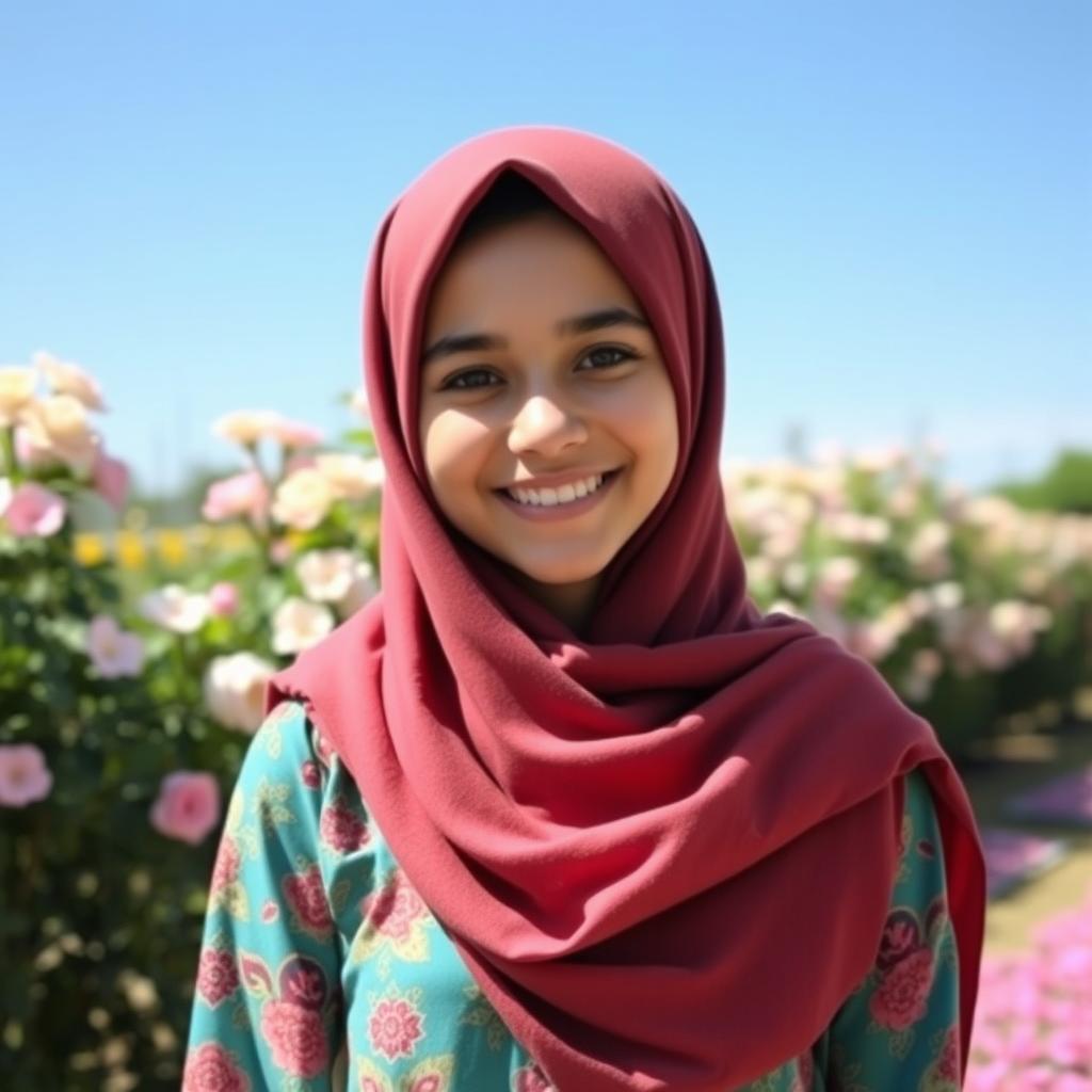 A beautiful Muslim girl wearing a colorful hijab, smiling warmly