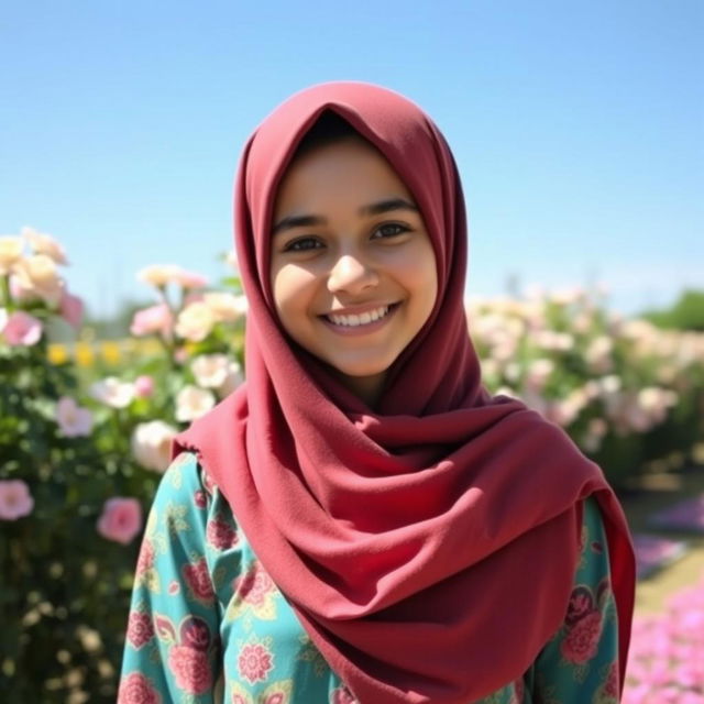 A beautiful Muslim girl wearing a colorful hijab, smiling warmly