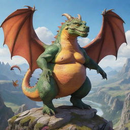 An extremely obese dragon with disproportionately small wings, humorously attempting to fly in a bright, whimsical landscape.