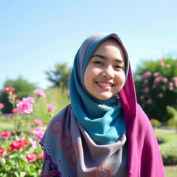 A beautiful Muslim girl wearing a colorful hijab, smiling warmly