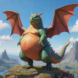 An extremely obese dragon with disproportionately small wings, humorously attempting to fly in a bright, whimsical landscape.