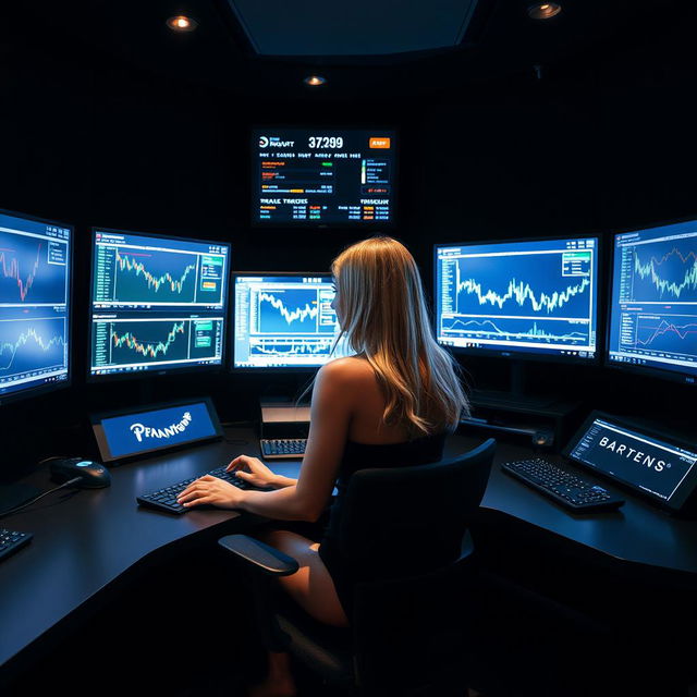 A dark, high-end trading setup with four PCs and two TVs