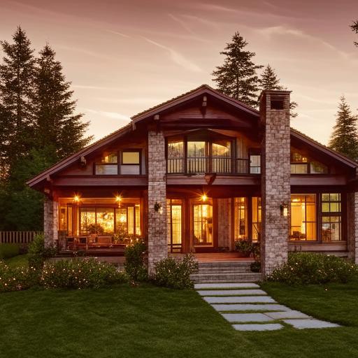 A beautiful, cozy home at sunset with lush green surroundings and welcoming warm lights pouring out of the windows.