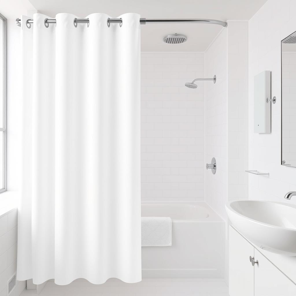 A vector image of a white shower curtain with grommets in a hotel bathroom