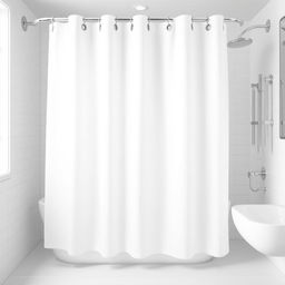 A vector image of a white shower curtain with grommets in a hotel bathroom