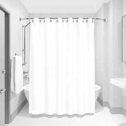 A vector image of a white shower curtain with grommets in a hotel bathroom