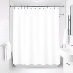 A vector image of a white shower curtain with grommets in a hotel bathroom