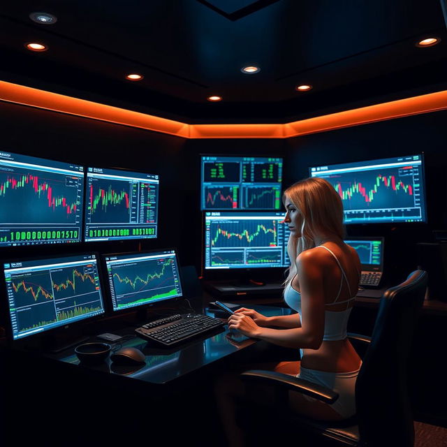 A dark, high-end trading setup with four PCs and two TVs