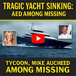 A horizontal miniature for YouTube featuring the headline 'Tragic Yacht Sinking: Tycoon Mike Lynch, Daughter, and Chef Among Missing'