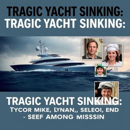 A horizontal miniature for YouTube featuring the headline 'Tragic Yacht Sinking: Tycoon Mike Lynch, Daughter, and Chef Among Missing'