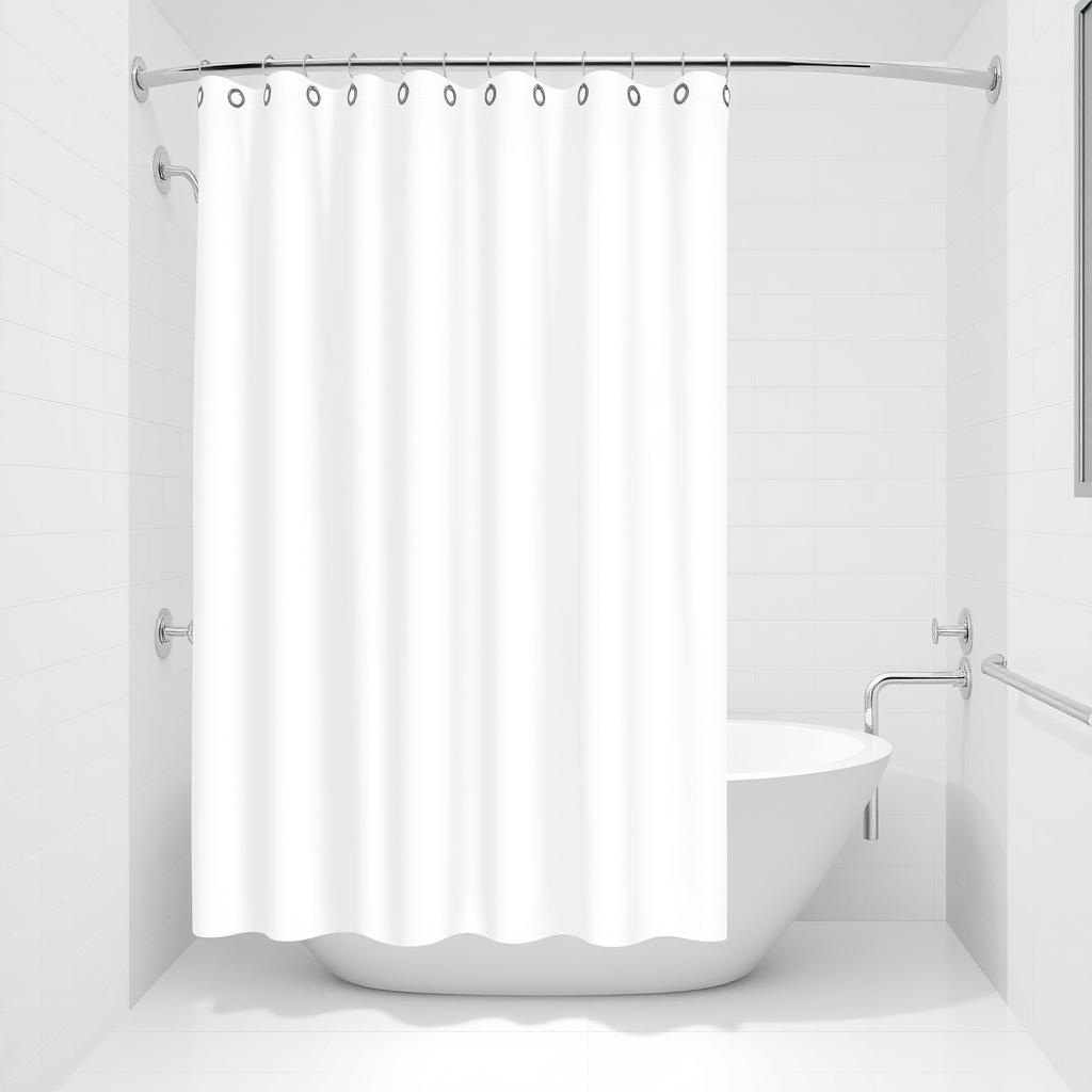 A vector image of a white shower curtain with grommets in a hotel bathroom with a bathtub