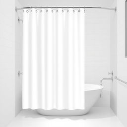 A vector image of a white shower curtain with grommets in a hotel bathroom with a bathtub